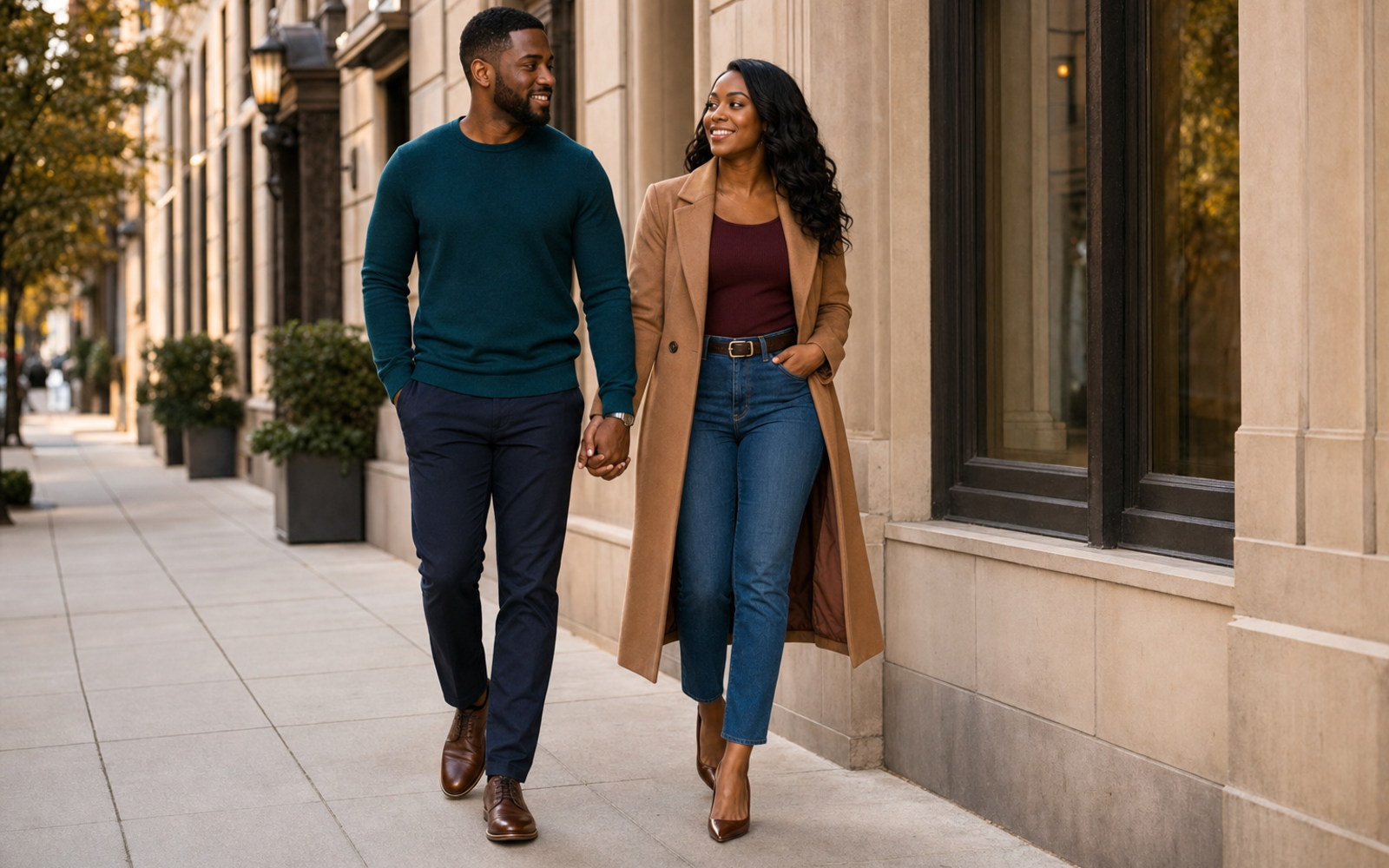 Black Couple Poses for Portraits wide walking connection pose reference