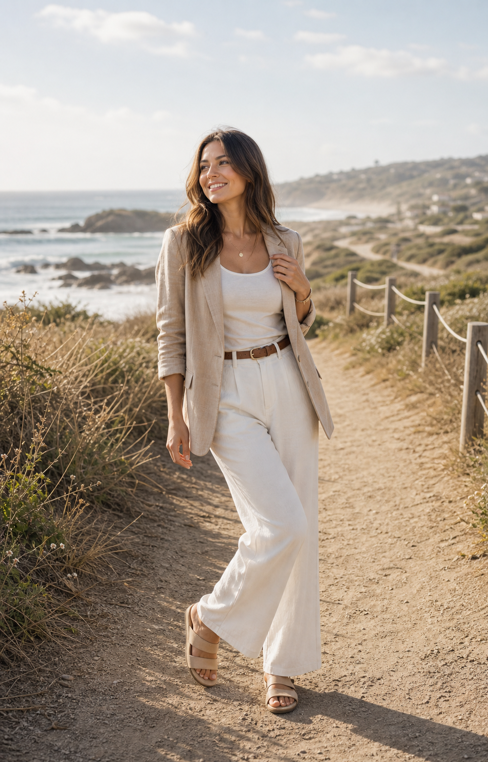 Coastal linen walk reference for neutral linen photo poses