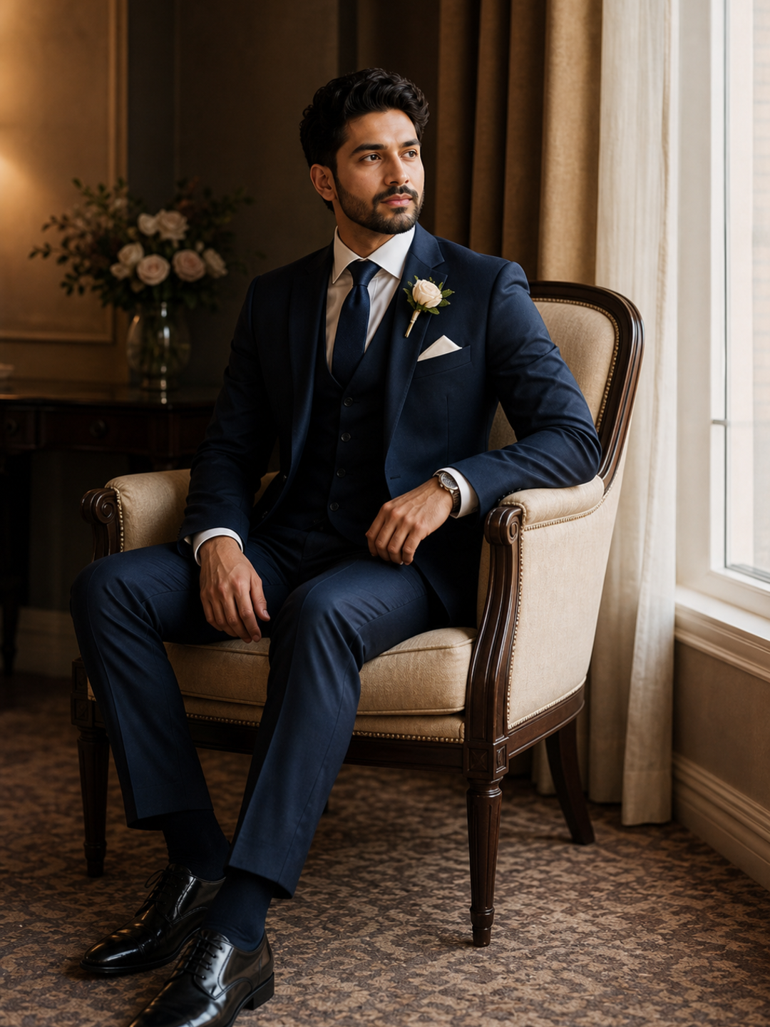 Seated suit portrait reference for photo pose for suit