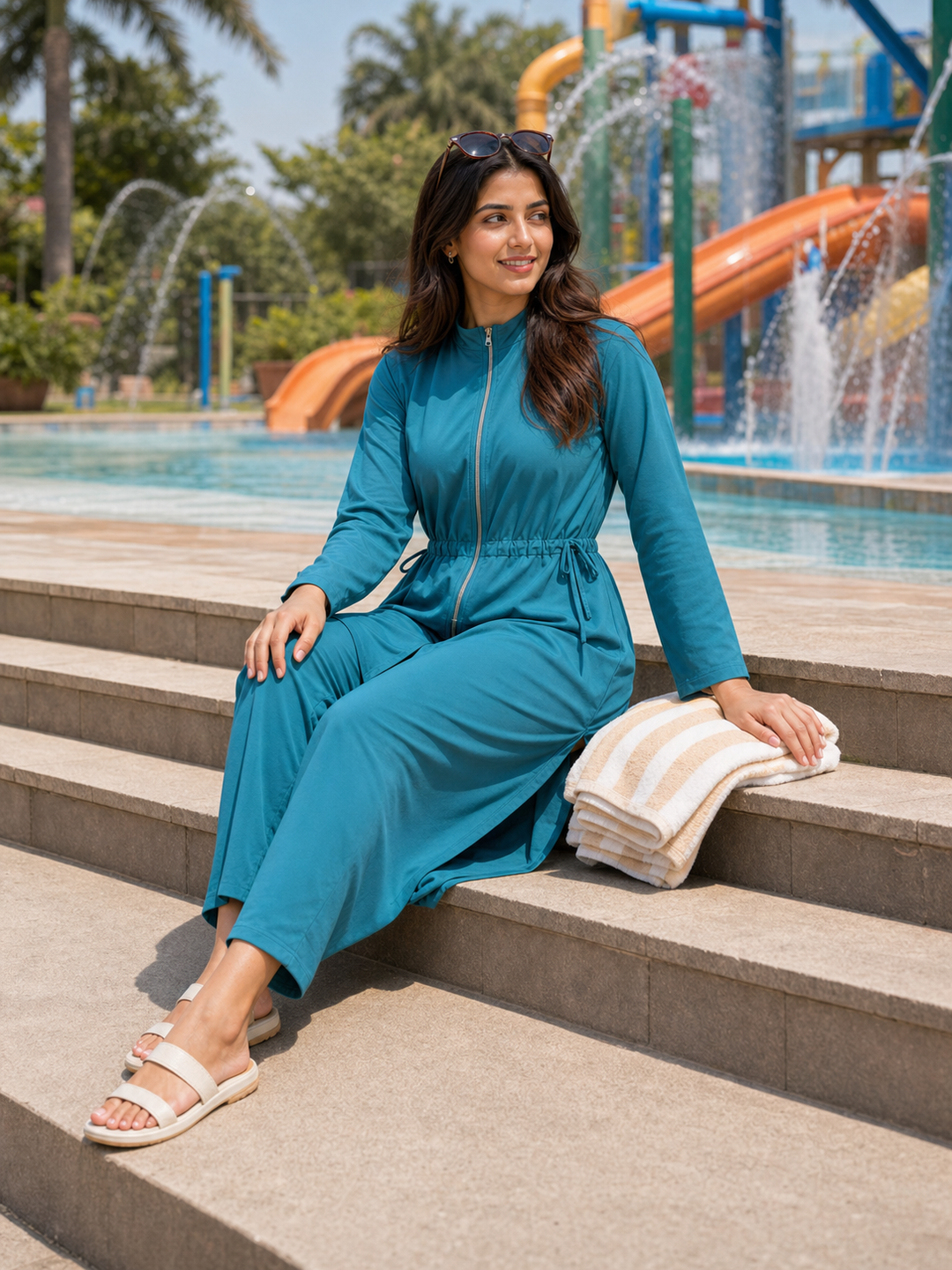Photo Pose for Water Park seated splash-zone pause pose reference