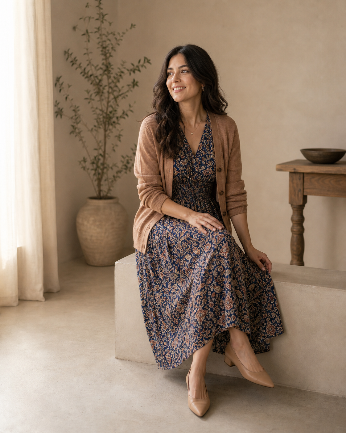 Seated floral dress pose reference for photo pose for women in dress