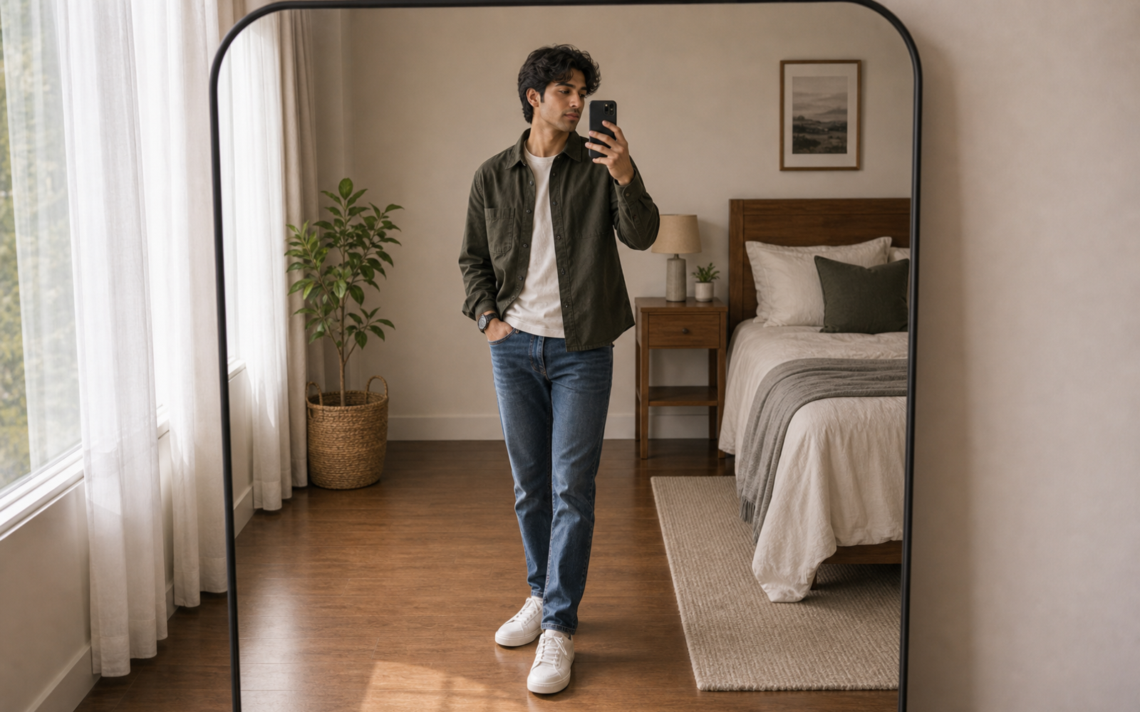 Poses for Boys in Mirror Selfie wide mirror stance pose reference