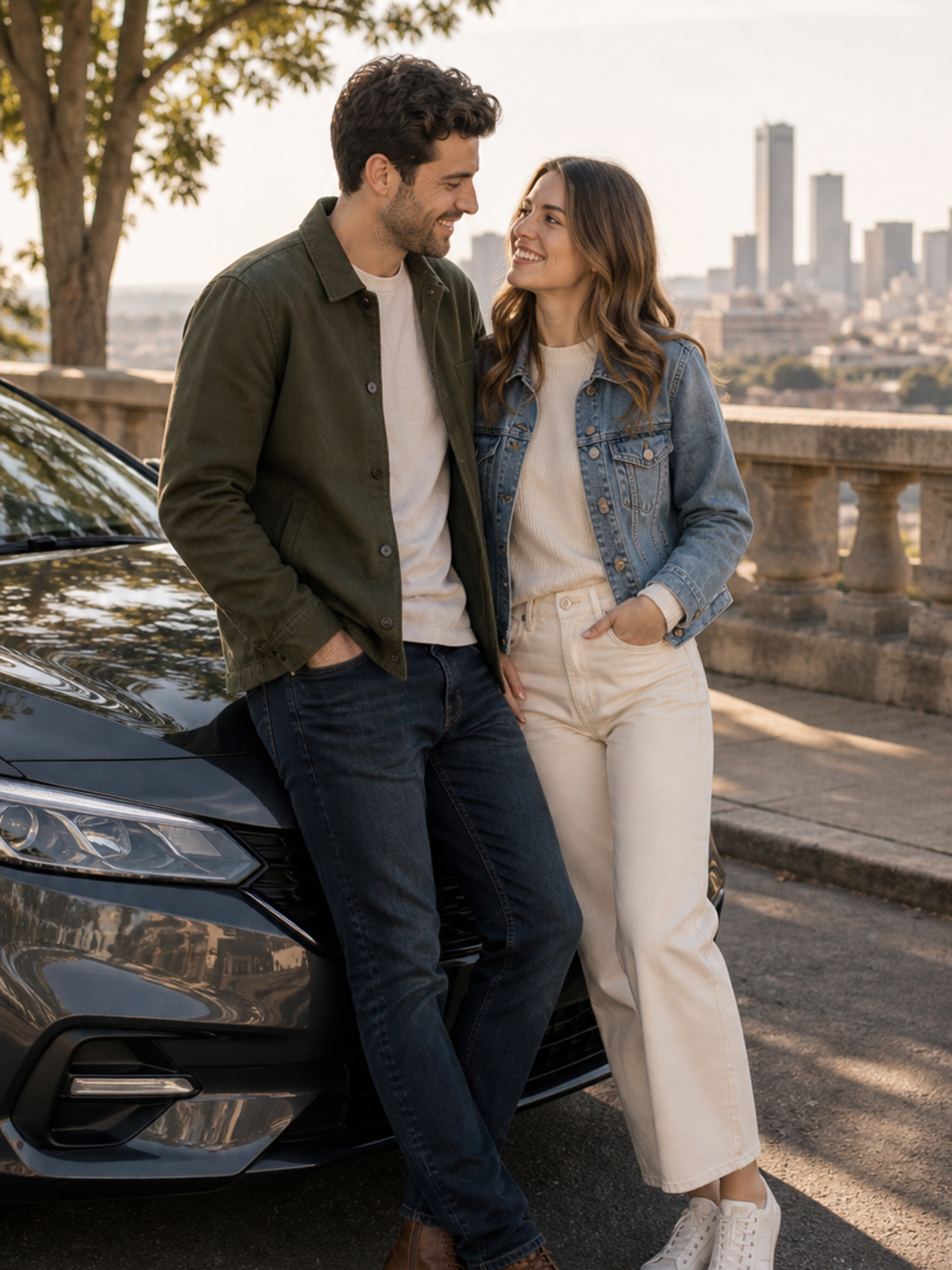Poses for Couples with Car soft lean on hood pose reference