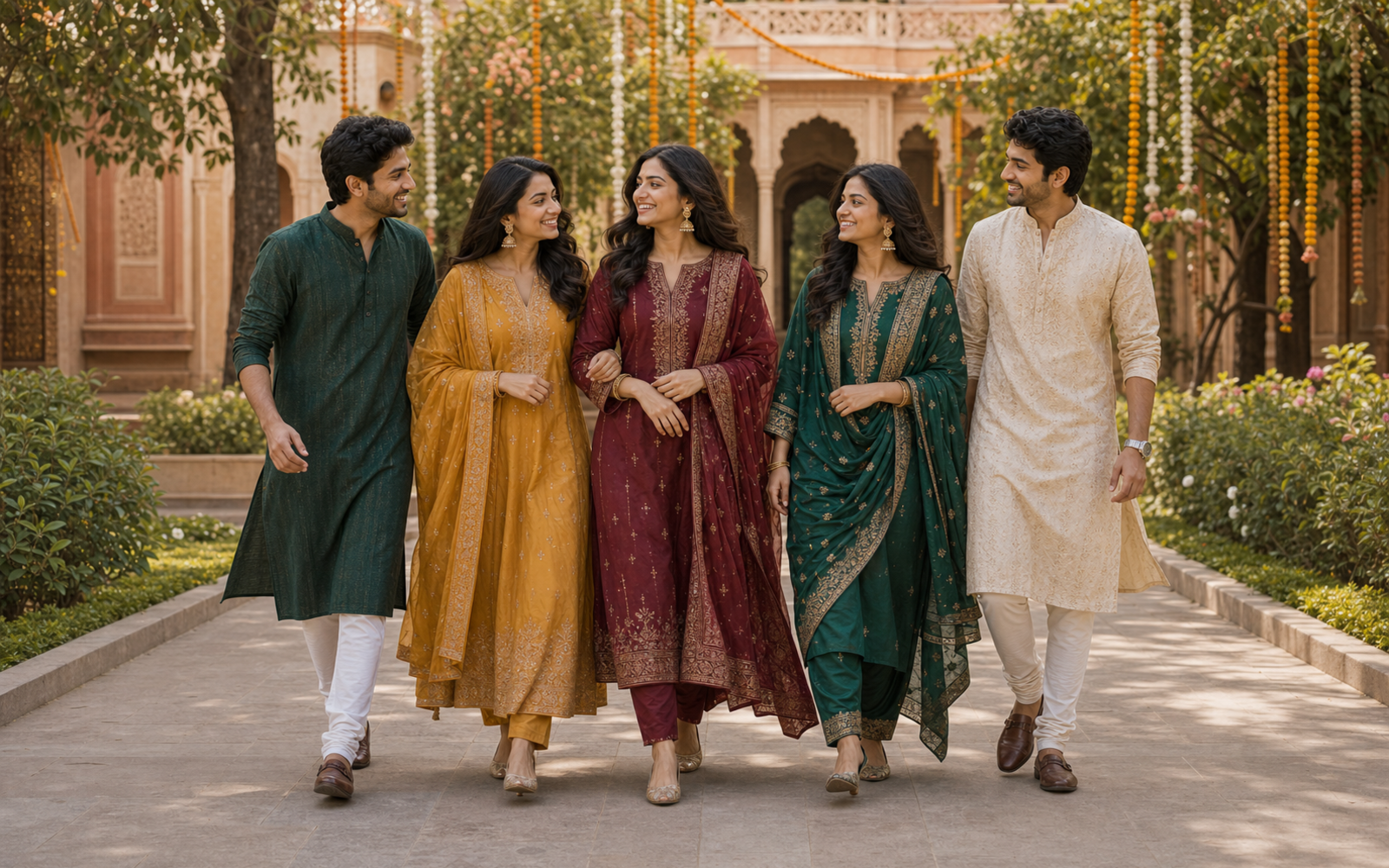 Poses for Friends in Traditional wide festival walk pose reference