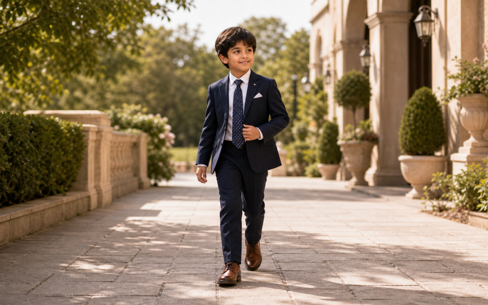 Poses for Kids in Suit wide dressed-up walk pose reference