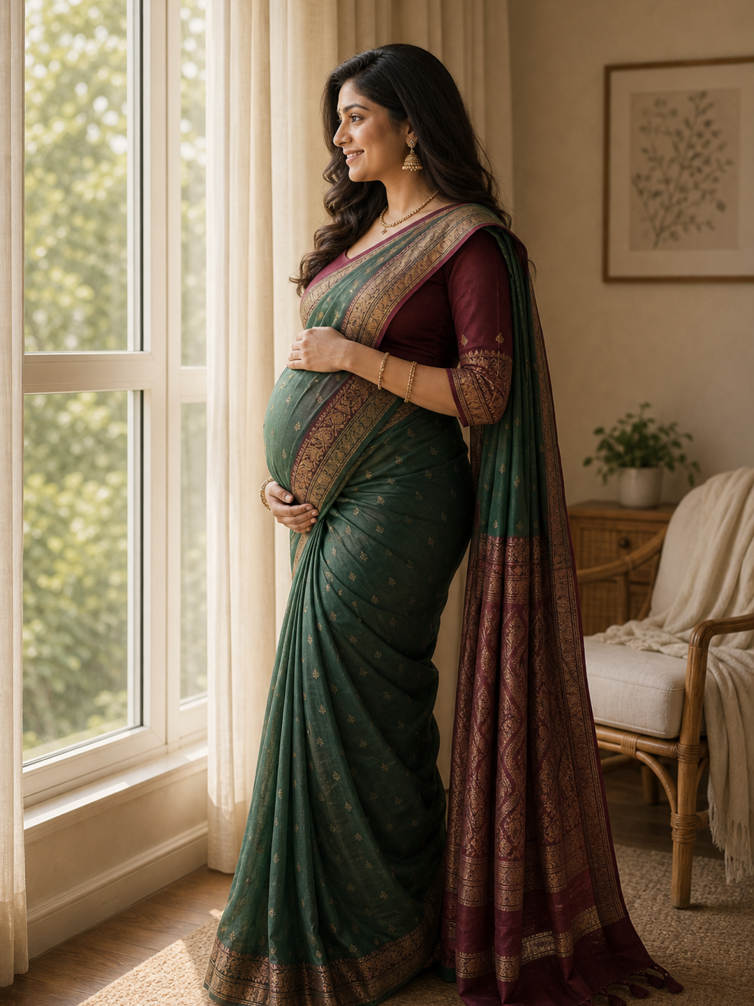 Poses for Maternity Shoot in Saree saree window profile pose reference