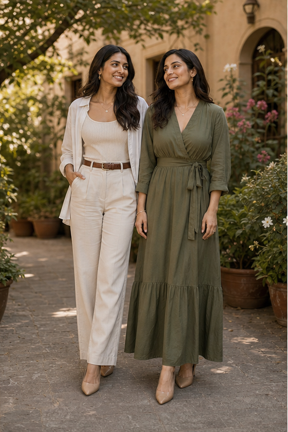 Two-friend courtyard pose reference for side by side photo poses