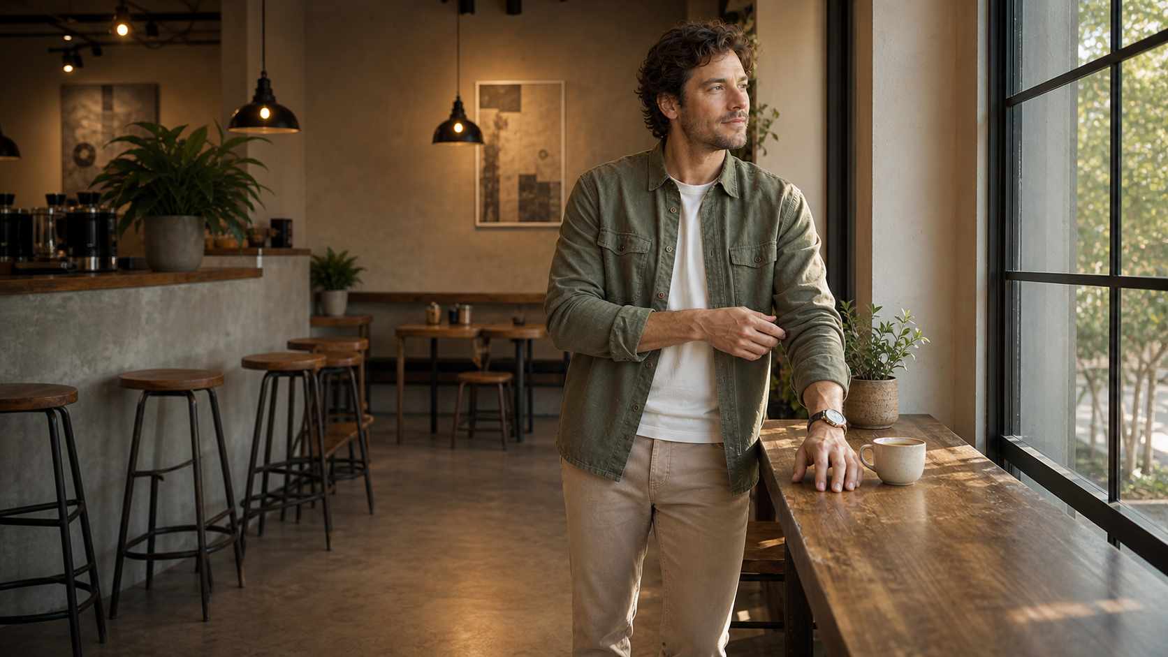 Cafe window counter standing pose reference for men