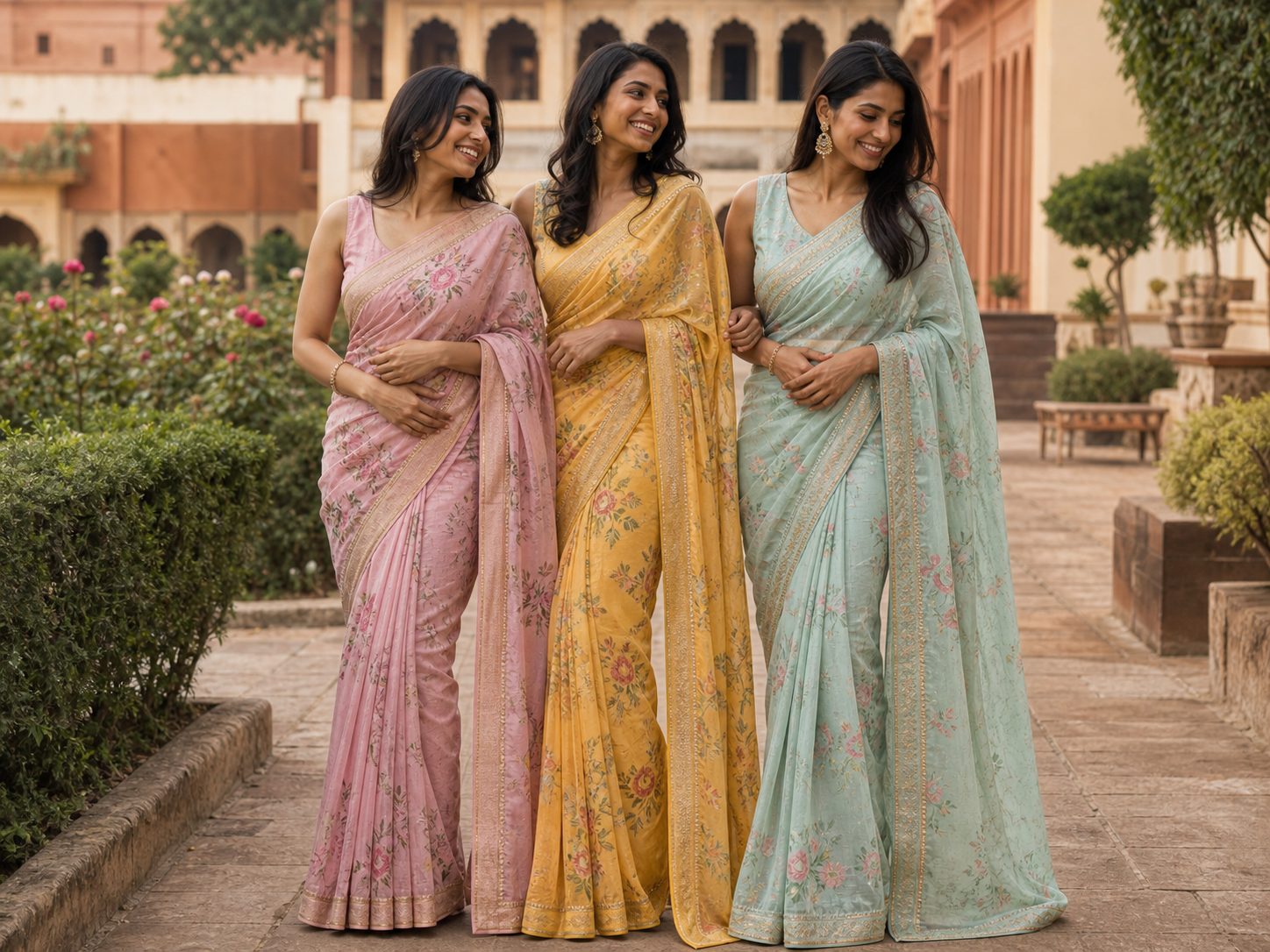 Group of friends in saree pose reference for poses for diwali with friends