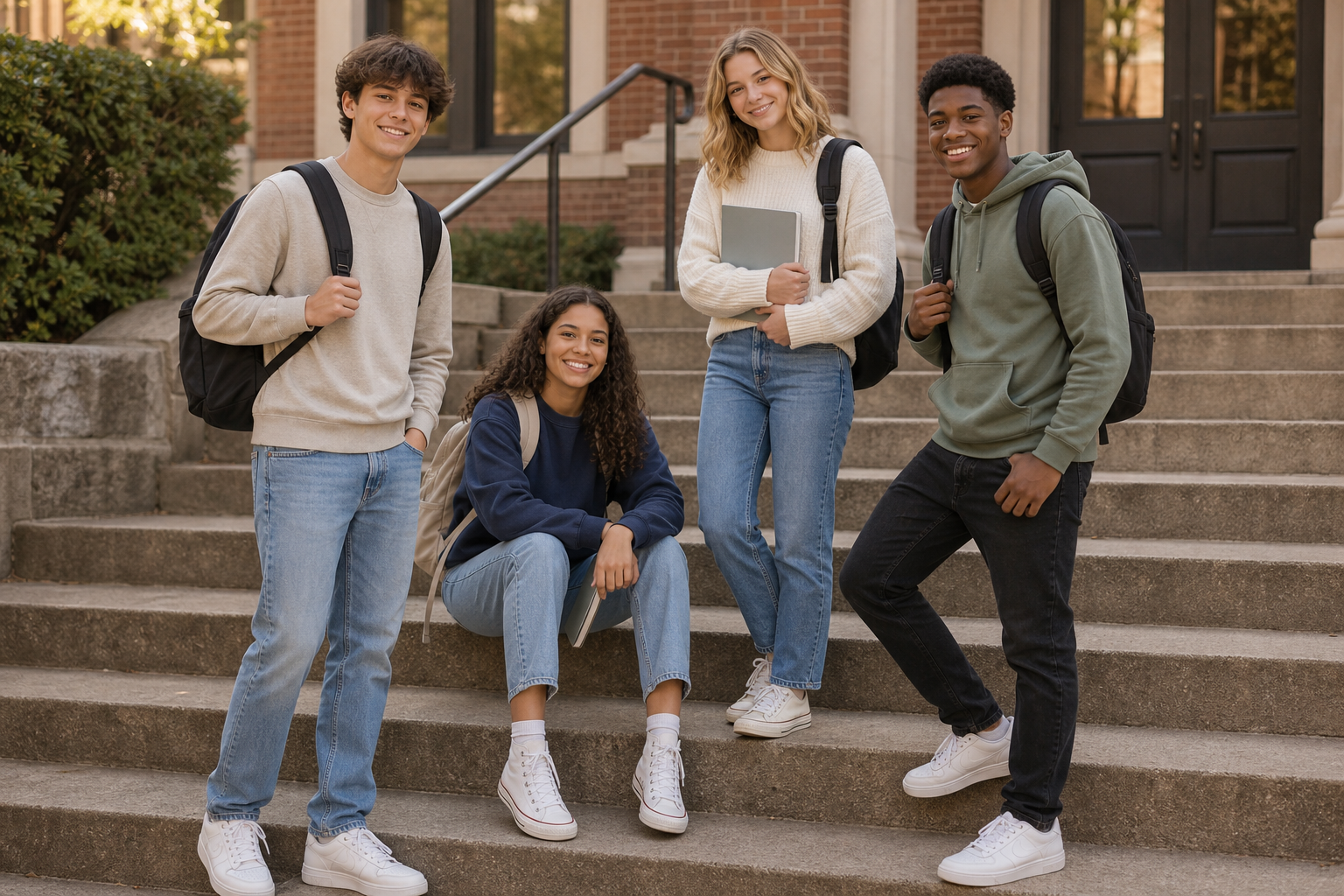 Small student group pose reference on school steps
