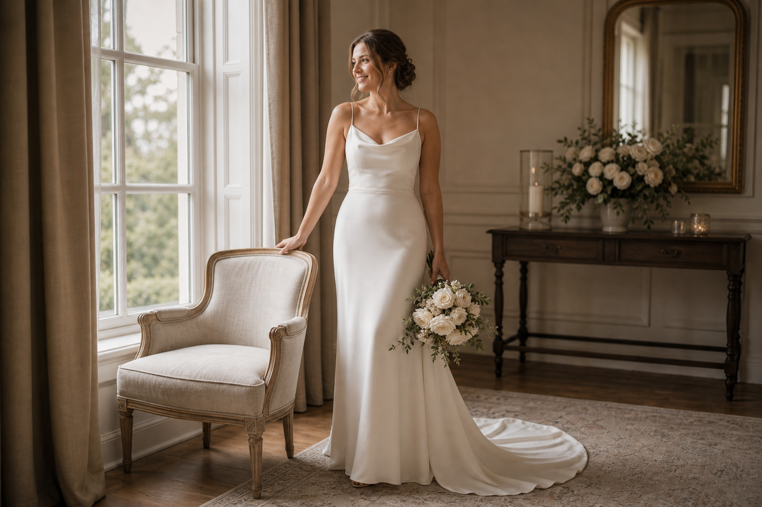 Solo bridal wedding portrait pose reference by window light